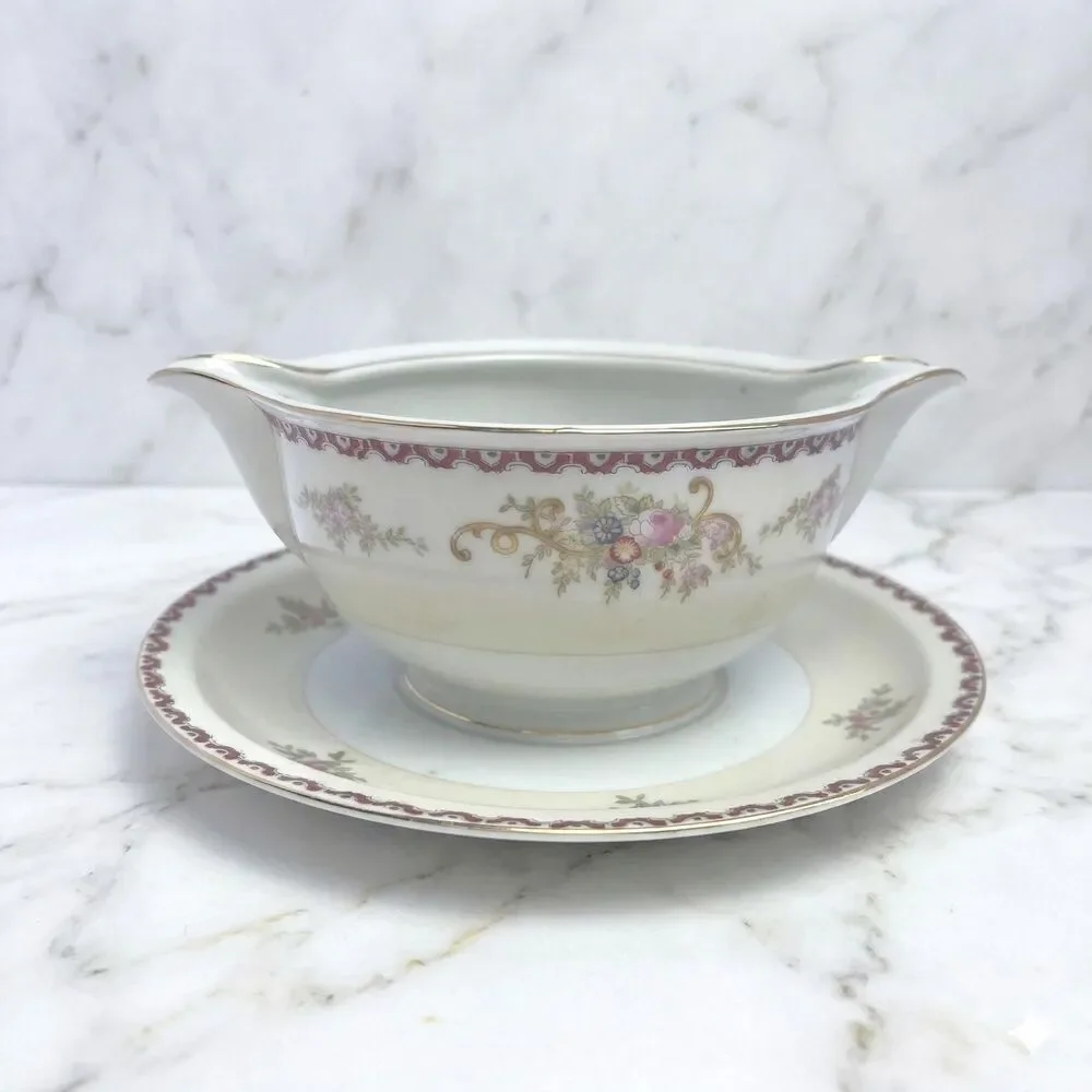 Vintage Occupied Japan Gravy Boat Attached Plate Hand Painted Double Pour